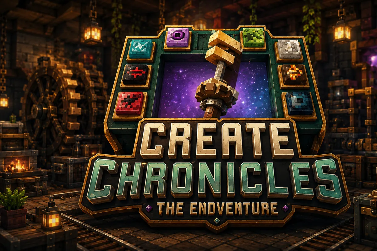 Create Chronicles Minecraft-style logo artwork with cozy Create machinery and adventure energy.