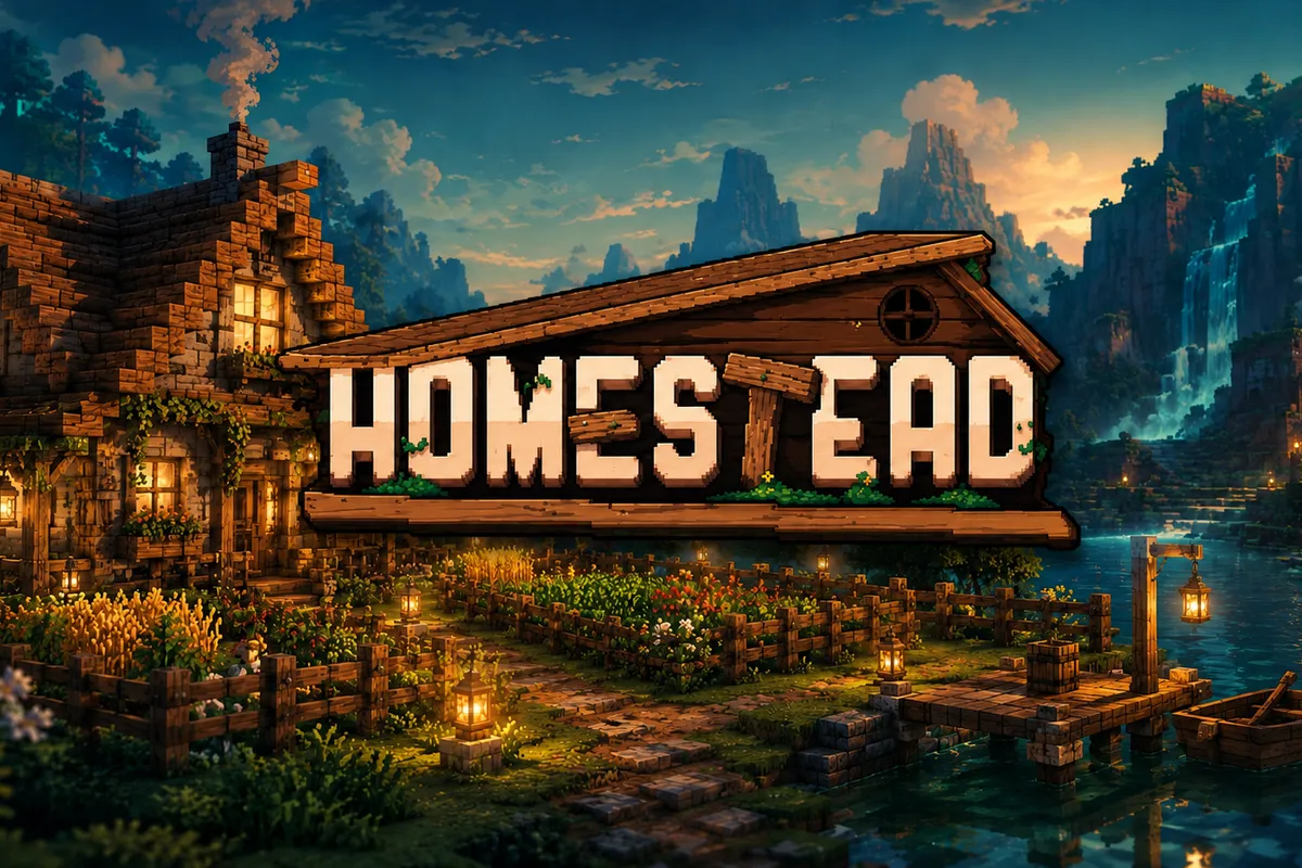 Cozy Minecraft homestead with farms, cabins, lantern paths, and a warm survival landscape.