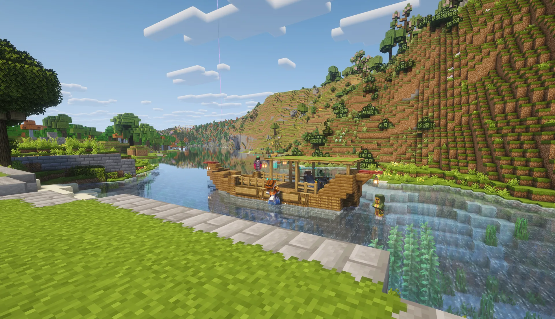 A small covered boat carries two riders along a river between wooded hills.