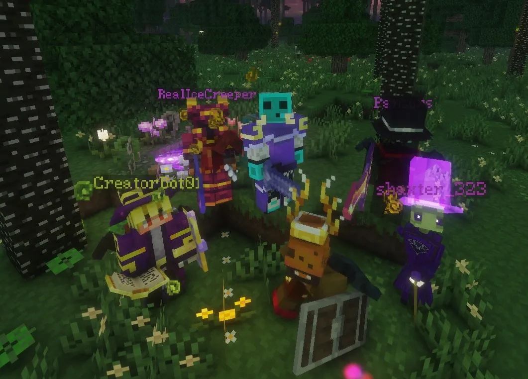 Five costumed players gathered in a dusky forest glade, one reading an open spellbook, another in a glowing purple witch’s hat.