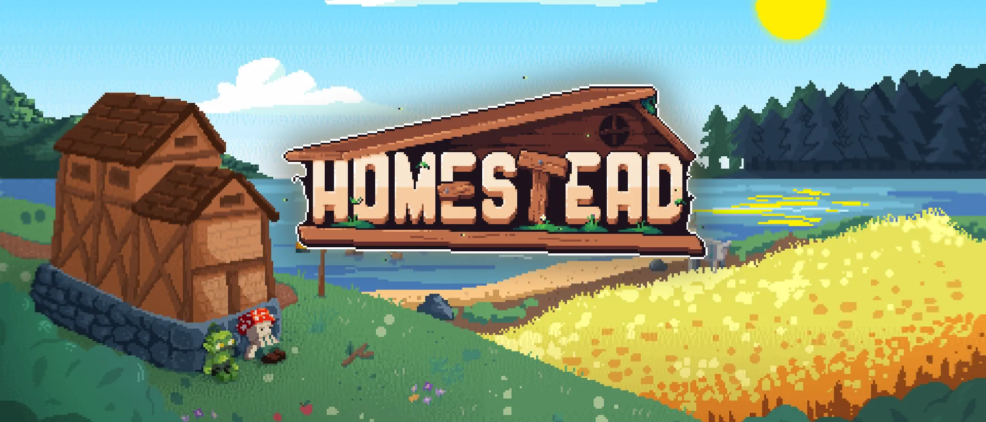 Homestead — a lakeside farmhouse at golden hour under the pack's wooden HOMESTEAD sign.