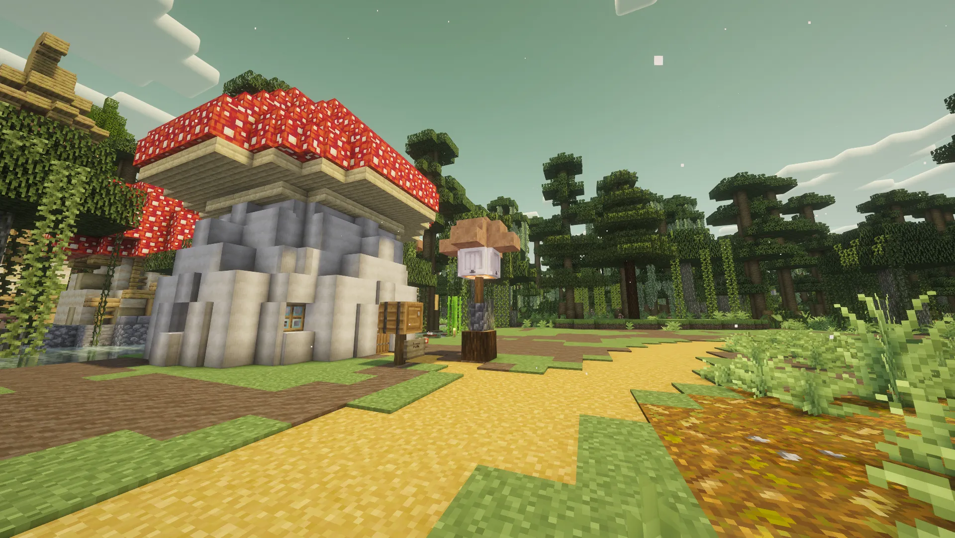 A cottage with a red mushroom-cap roof sits beside a garden path at golden hour.