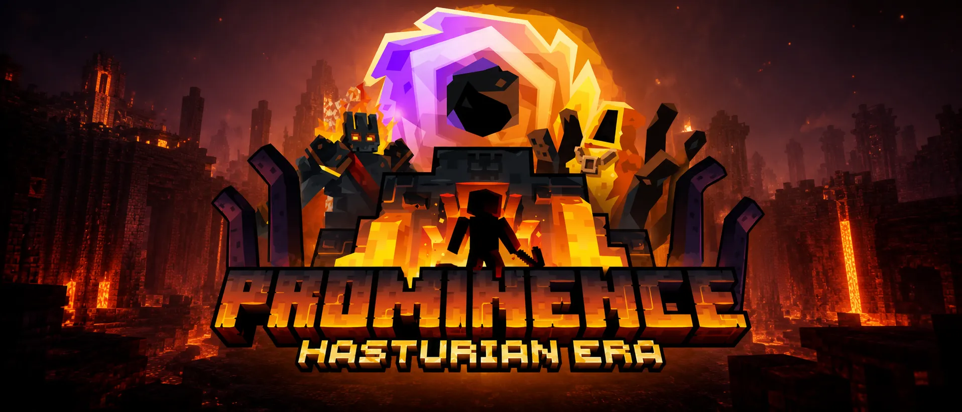Prominence II: Hasturian Era — a lava-lit ruin under a burning sky with the pack's logo.