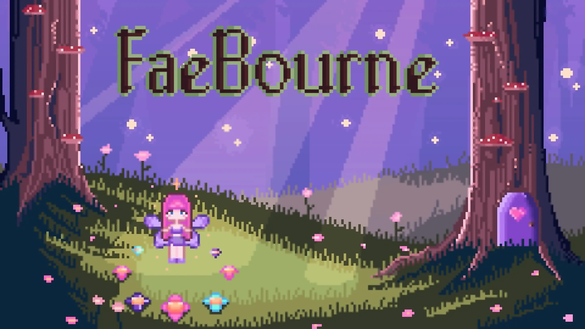 FaeBourne title art: a pink-haired fairy with violet wings stands in a mushroom-lit glade beneath the FaeBourne wordmark, a small purple door set into the tree behind her.