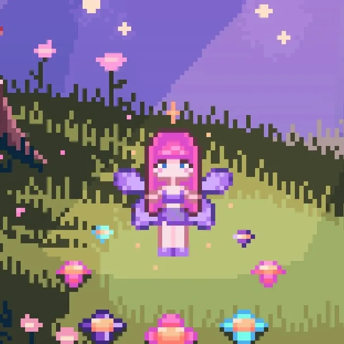 A pink-haired fairy with violet wings standing in a glowing forest glade, cropped from the FaeBourne key art by kaestar.