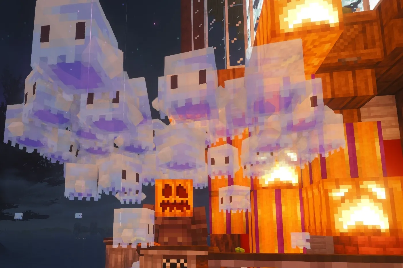 A crowd of small white ghosts drifting over a lantern-lit wooden porch at night, with a player wearing a carved pumpkin head leaning on the rail.