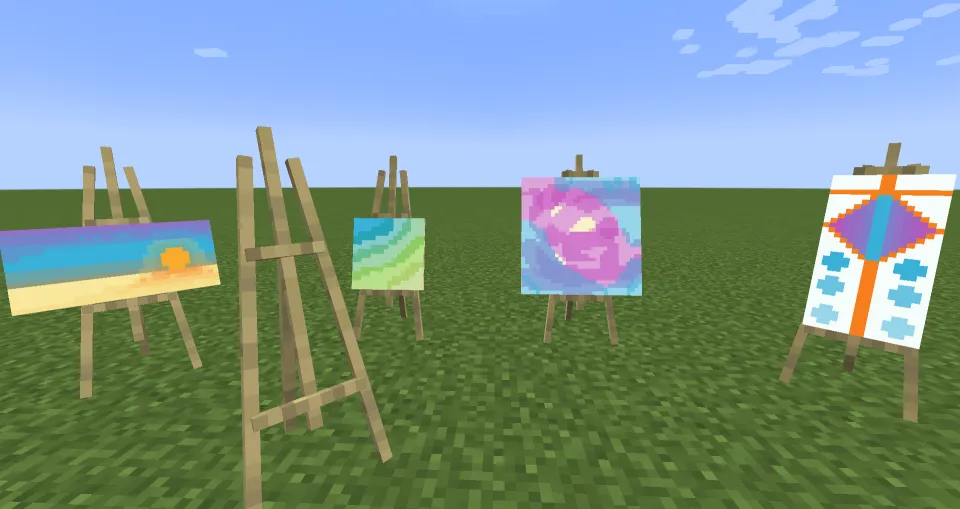 A row of painting easels holding in-progress canvases.