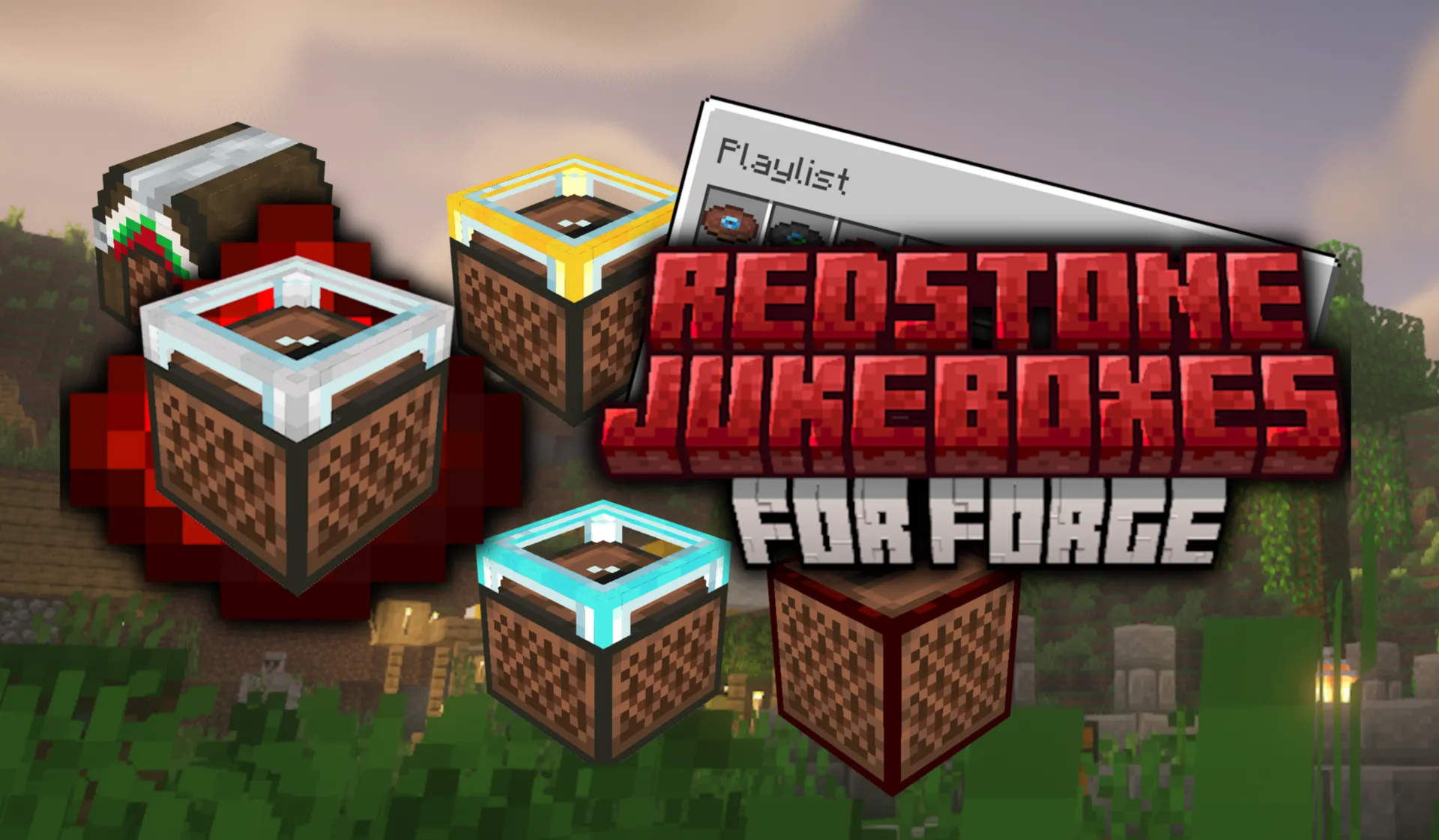 A promotional banner image for the Redstone Jukeboxes mod.