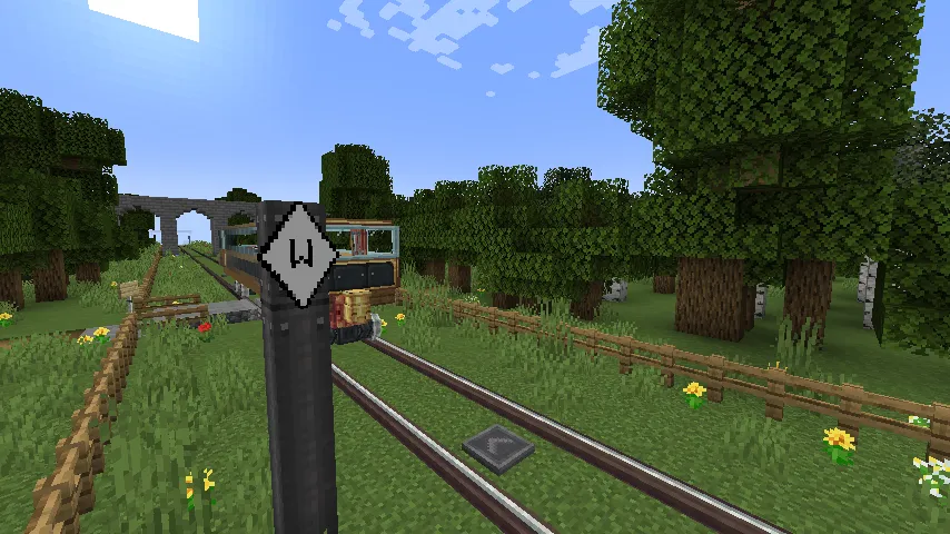 A tram passing on tram track built with Create: Tramways.