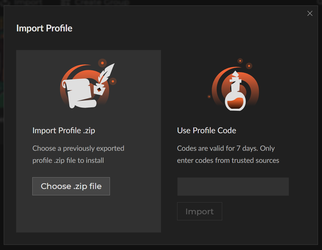 CurseForge Import Profile dialog showing Import Profile zip.