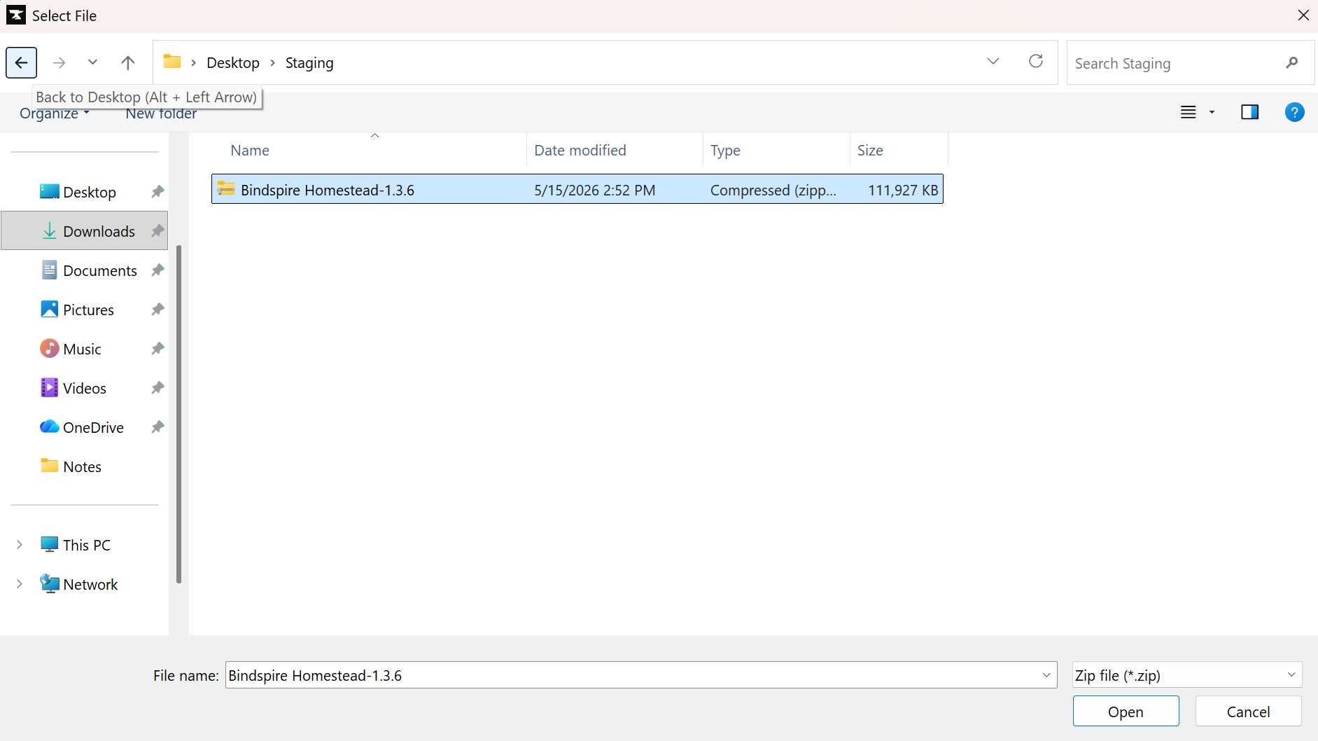 File picker selecting the Bindspire Homestead zip.