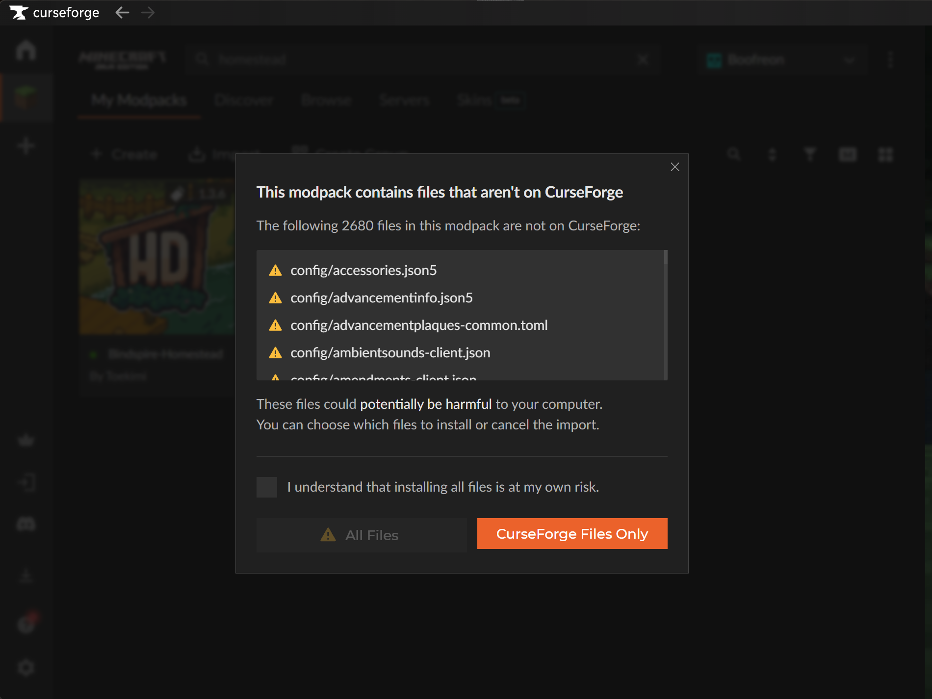 CurseForge warning dialog showing the All Files button.