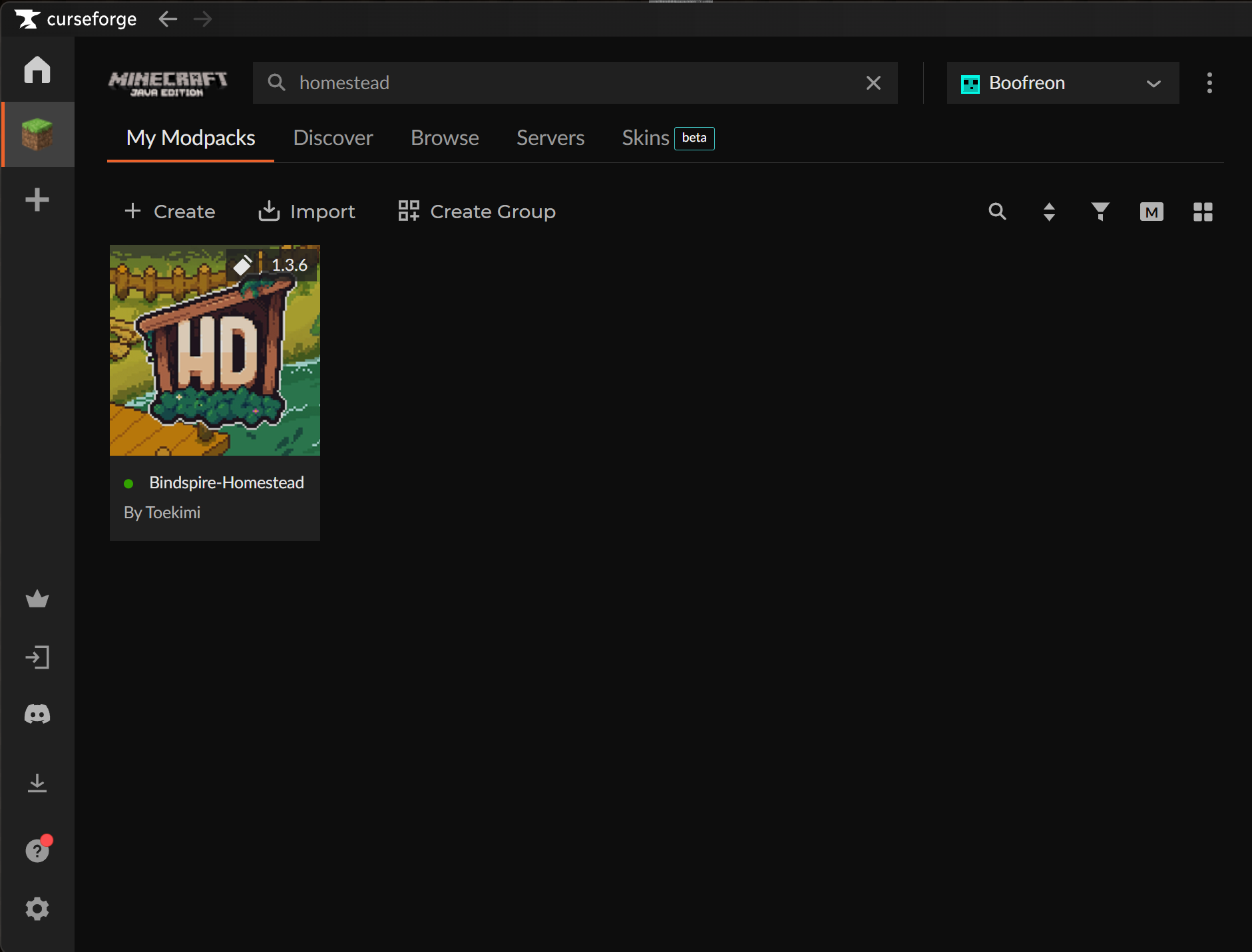 CurseForge My Modpacks screen showing the installed Bindspire Homestead profile.
