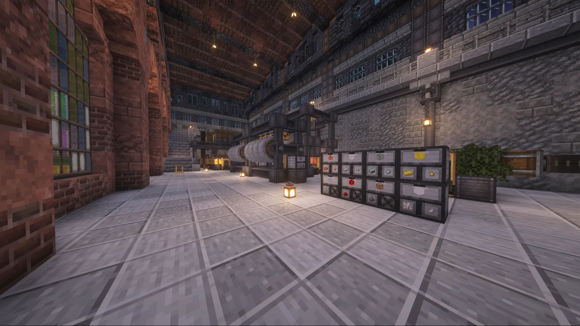 Inside New Steamford's Victorian factory, automated processing machines and labeled storage drawers line a lantern-lit stone hall.
