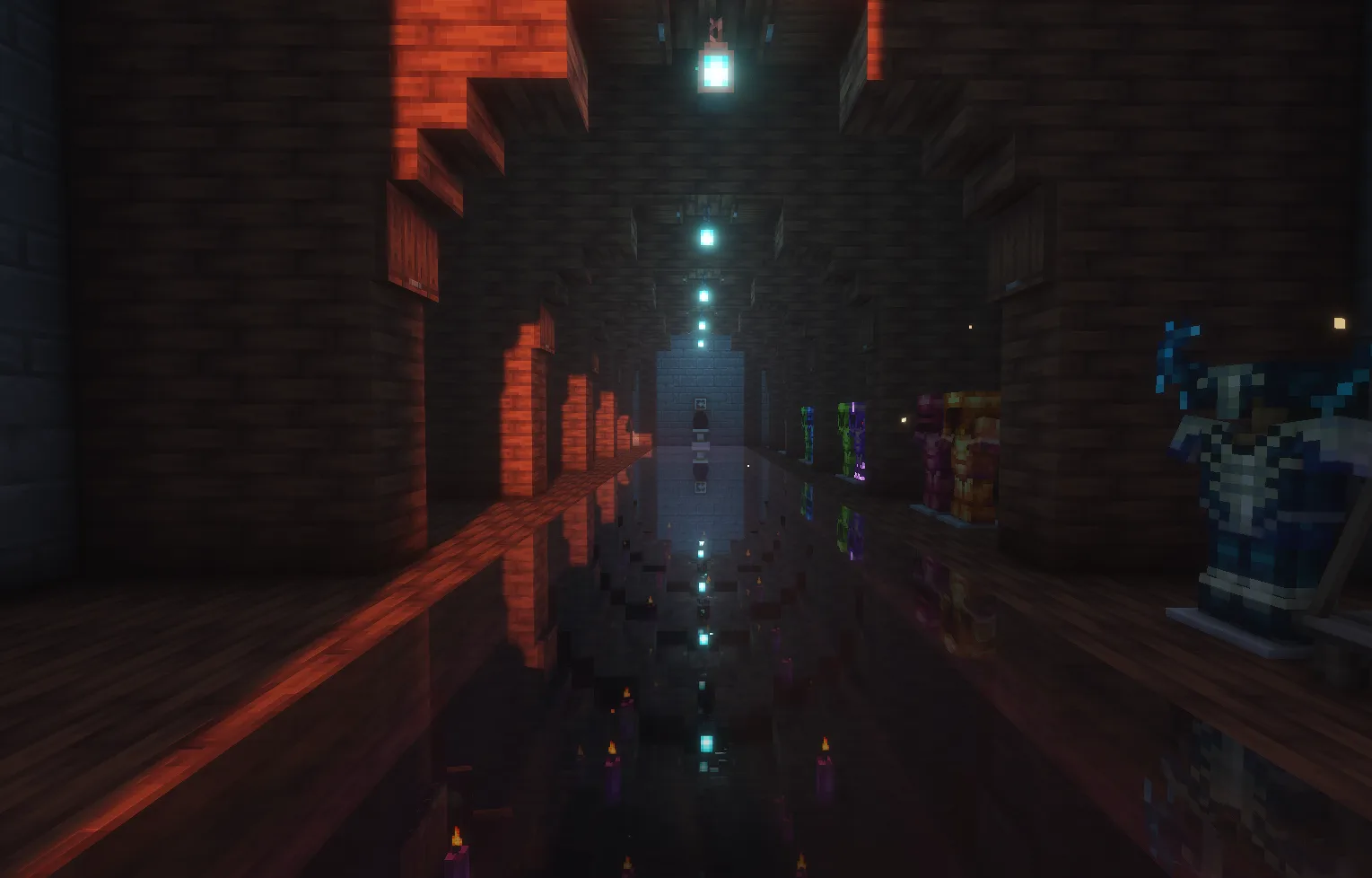 A lantern-lit darkwood hall with armor stands lining a glossy black floor that reflects the lights like a void.
