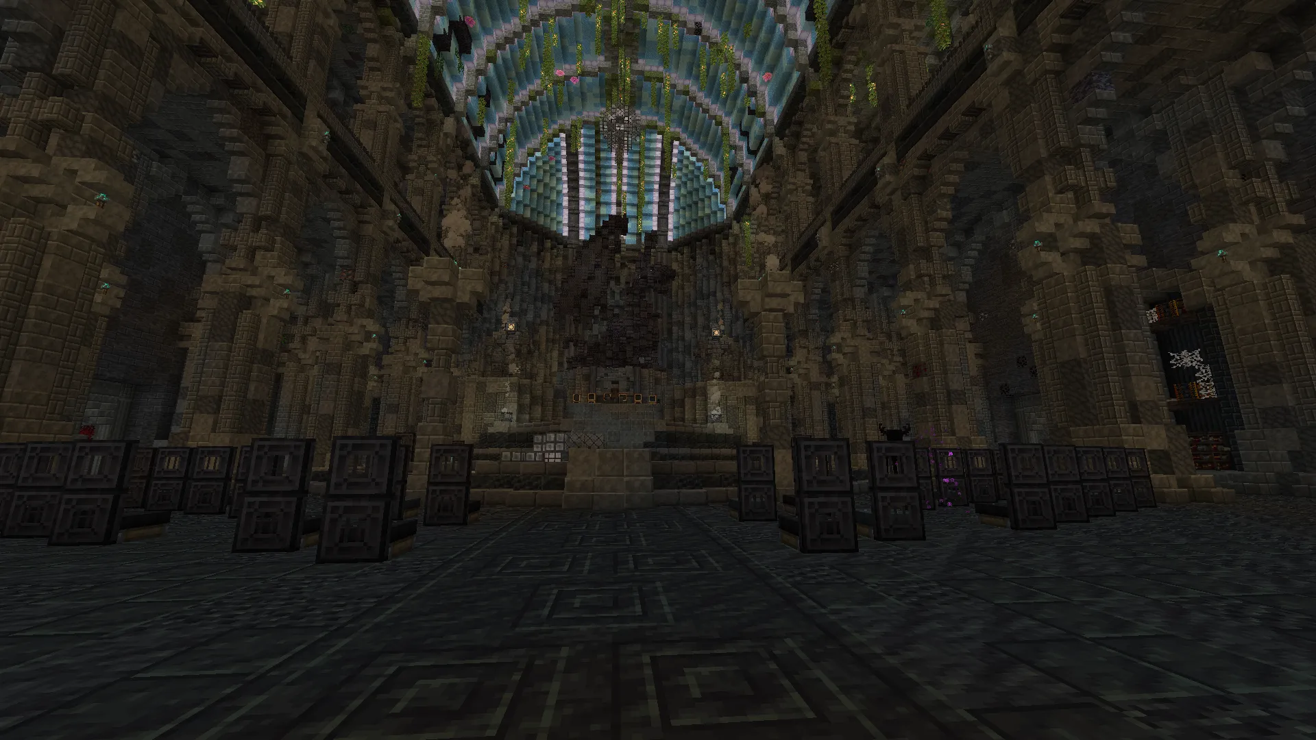 A vast Prominence stronghold hall in dark stone beneath a tall blue-and-white glass dome.
