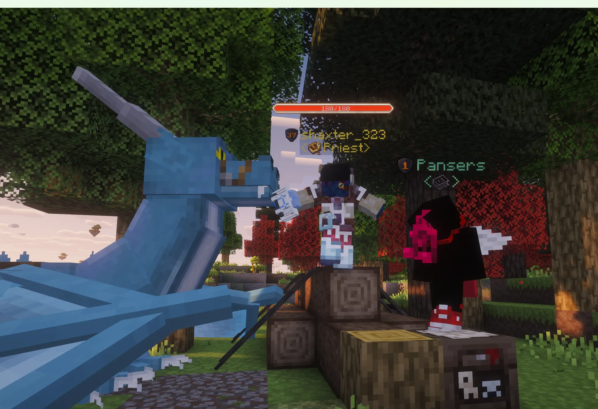 shaxter_323 and Pansers stand beside a saddled blue dragon in a sunlit Prominence forest.