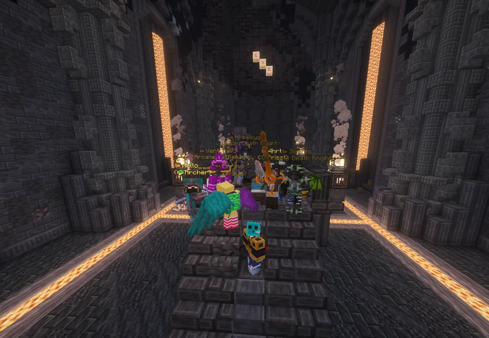 The Prominence End raid party poses together on blackstone steps inside a lava-lit hall.