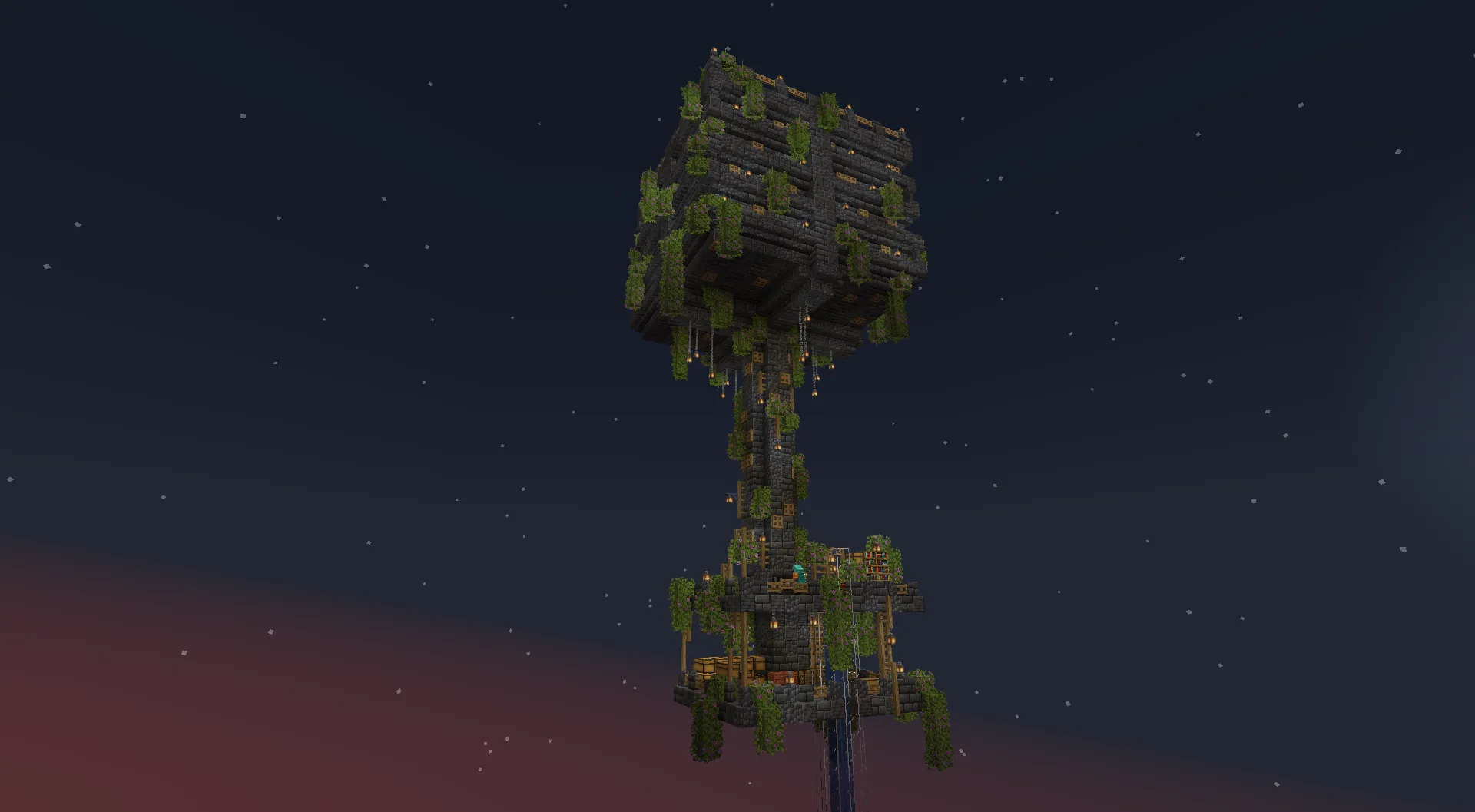 A vine-covered dark-stone tower rises into a starry twilight sky, with lantern-lit platforms suspended high above the ground.