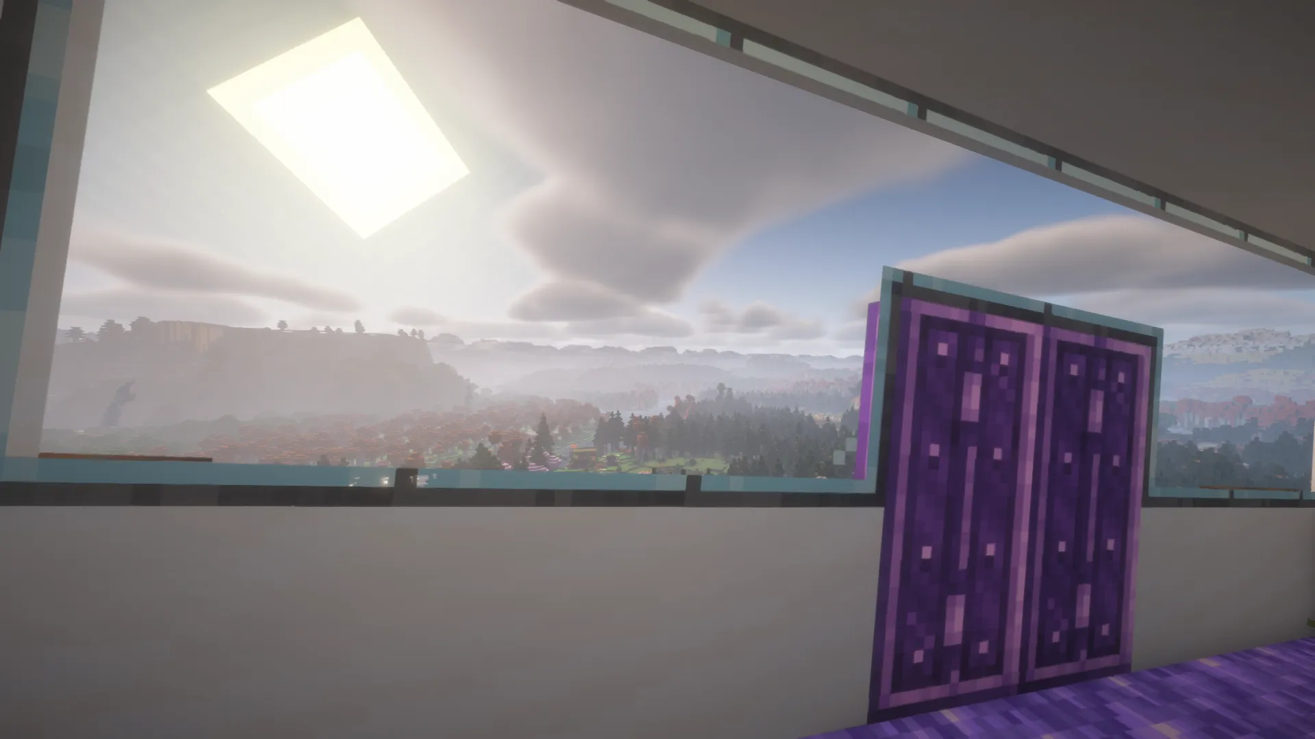 A purple-and-white monorail car glows above dark water beneath a starry Homestead sky.
