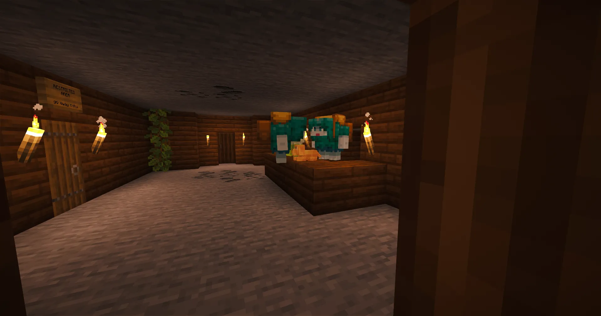 Two armored players stand together behind a wooden counter in a torchlit underground room.
