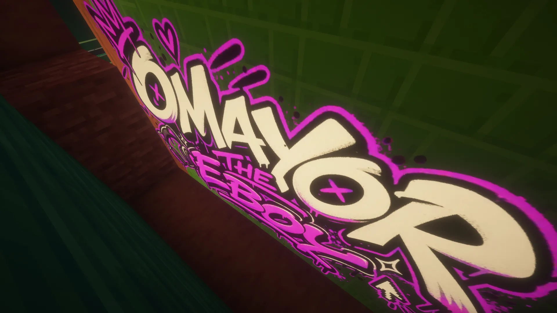 A close-up of neon pink-and-cream graffiti reading “Omayor the E-boy” across a green wall in Homestead.