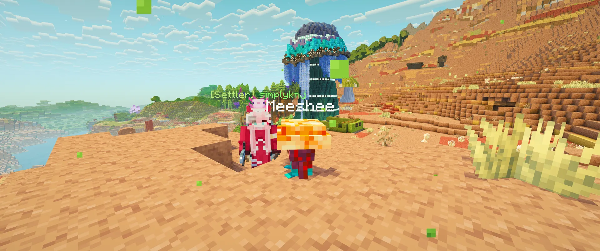 simplyknj stands beside a bright orange mushling in the badlands, with a blue-domed tower rising behind them.