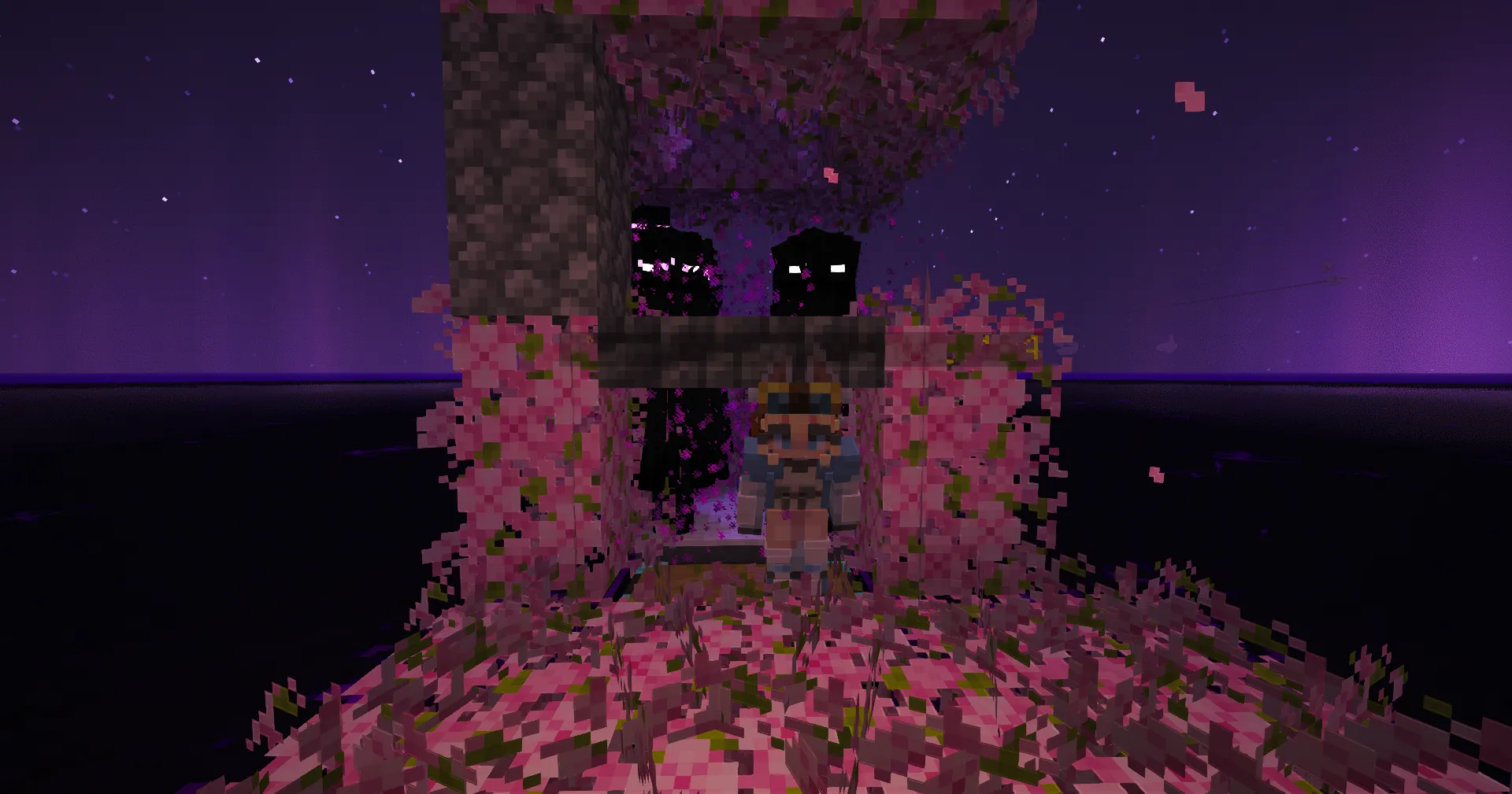 A player stands beneath a cherry-leaf-trimmed Enderman farm while Endermen crowd the platform against the purple End sky.