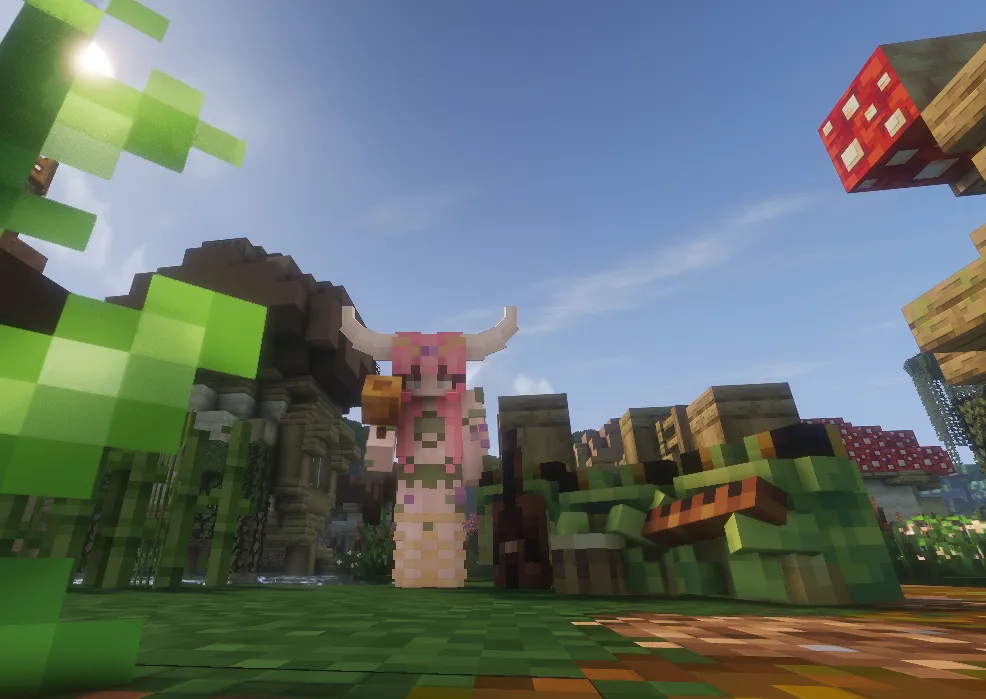 A horned player in pink-and-green armor stands beside a large green frog in a sunlit garden.