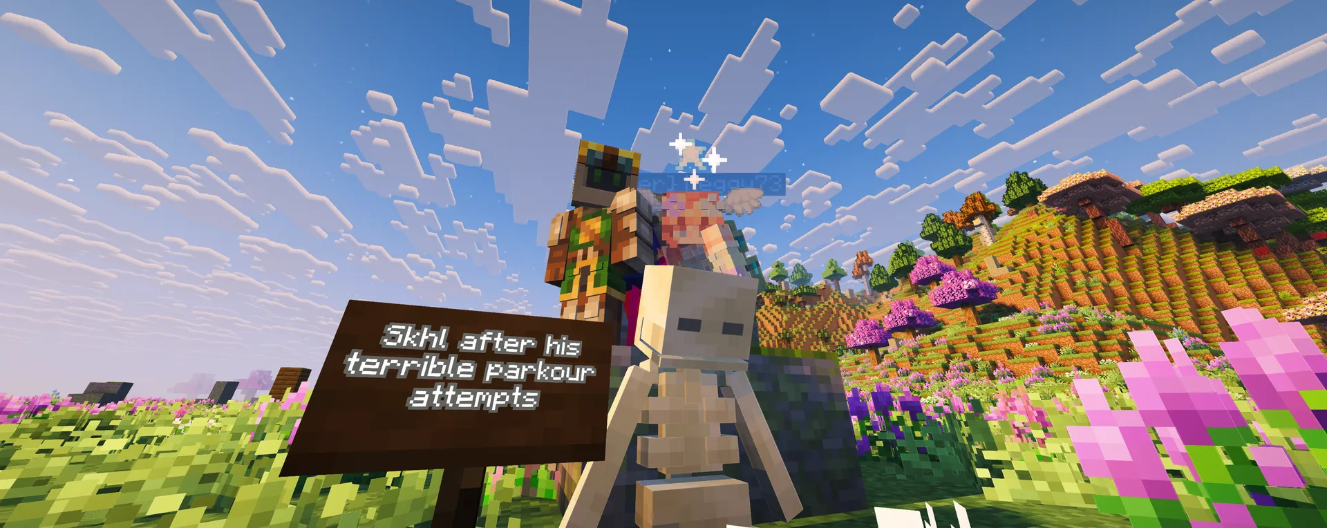 Players pose beside a skeleton and a sign reading “Skhl after his terrible parkour attempts” in a bright, flower-filled field.