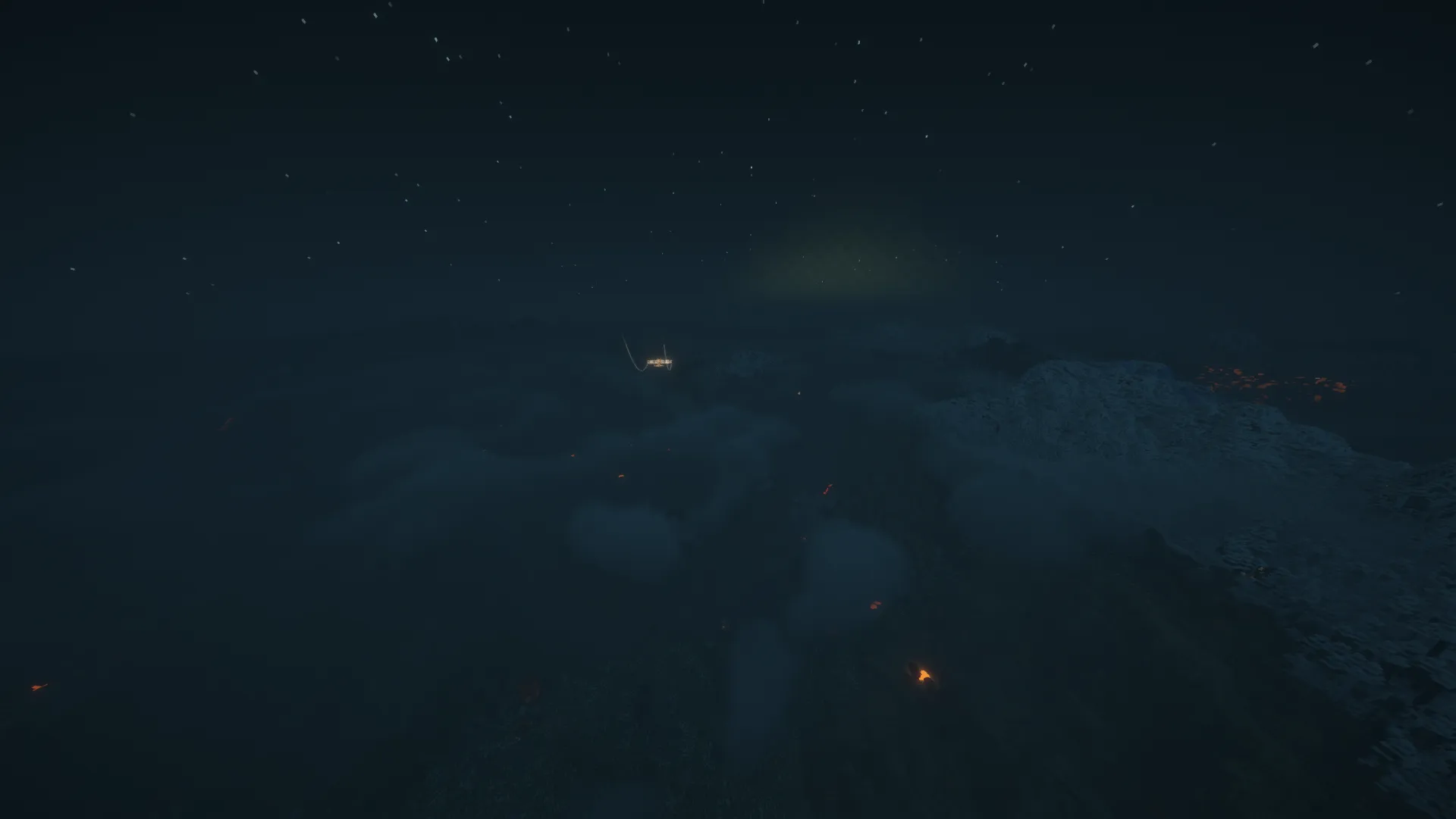 A nighttime aerial view over a dark mountainous landscape, with stars overhead and a small lit structure in the distance.