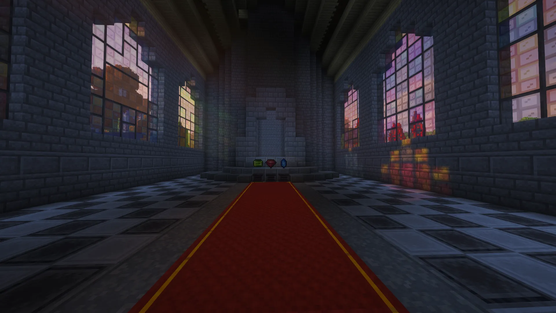 A dark-stone hall lit by pink, gold, and green light through tall stained-glass windows.