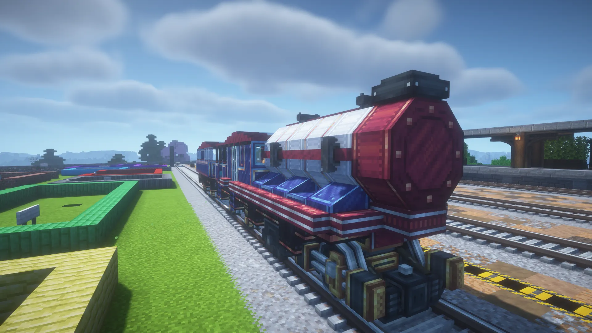 Omayor's red, white, and blue P.N.R train sitting on the Homestead rails beside the station yard.