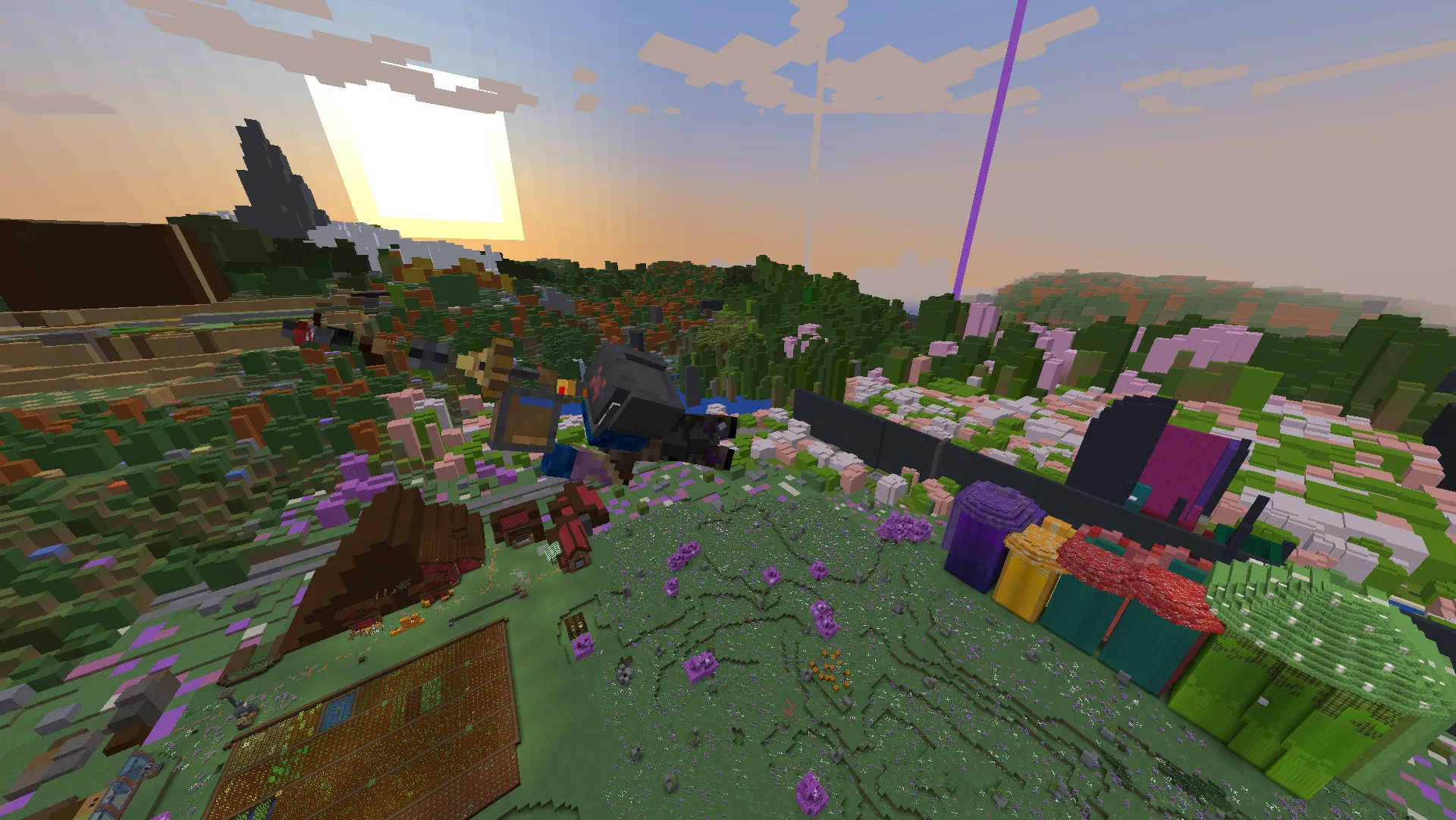 A custom-modelled player with a large mechanical arm floats above a colorful Homestead landscape at sunset.