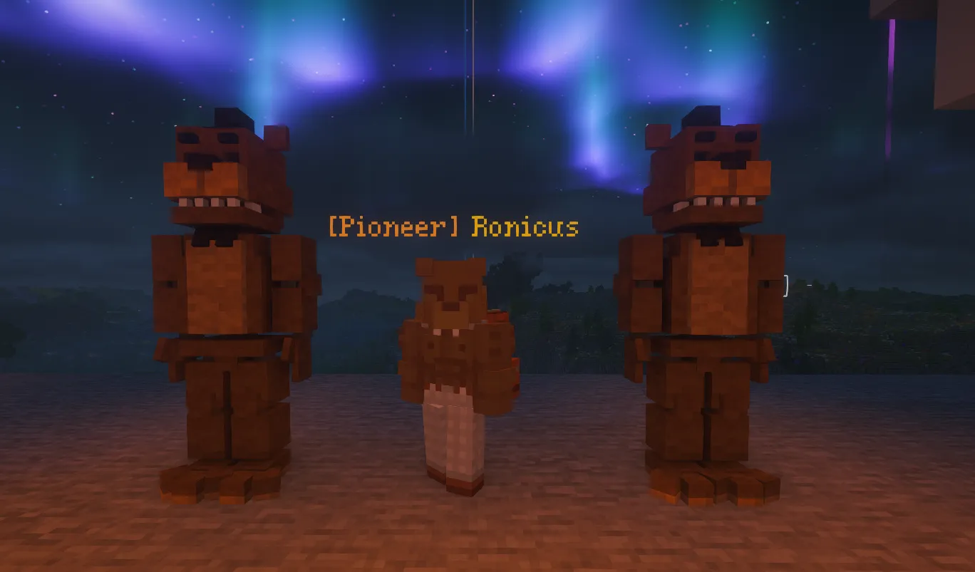 A player in a brown bear skin stands between two towering bear statues beneath a bright aurora.