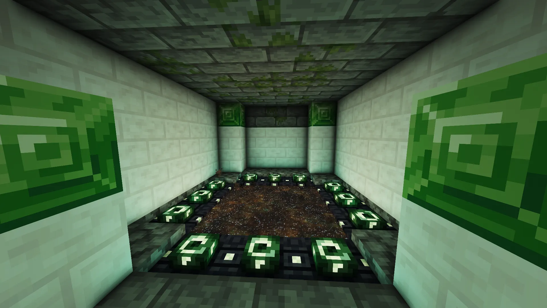 An activated End portal in a compact pale-stone chamber, framed by green spiral blocks beneath a mossy ceiling.