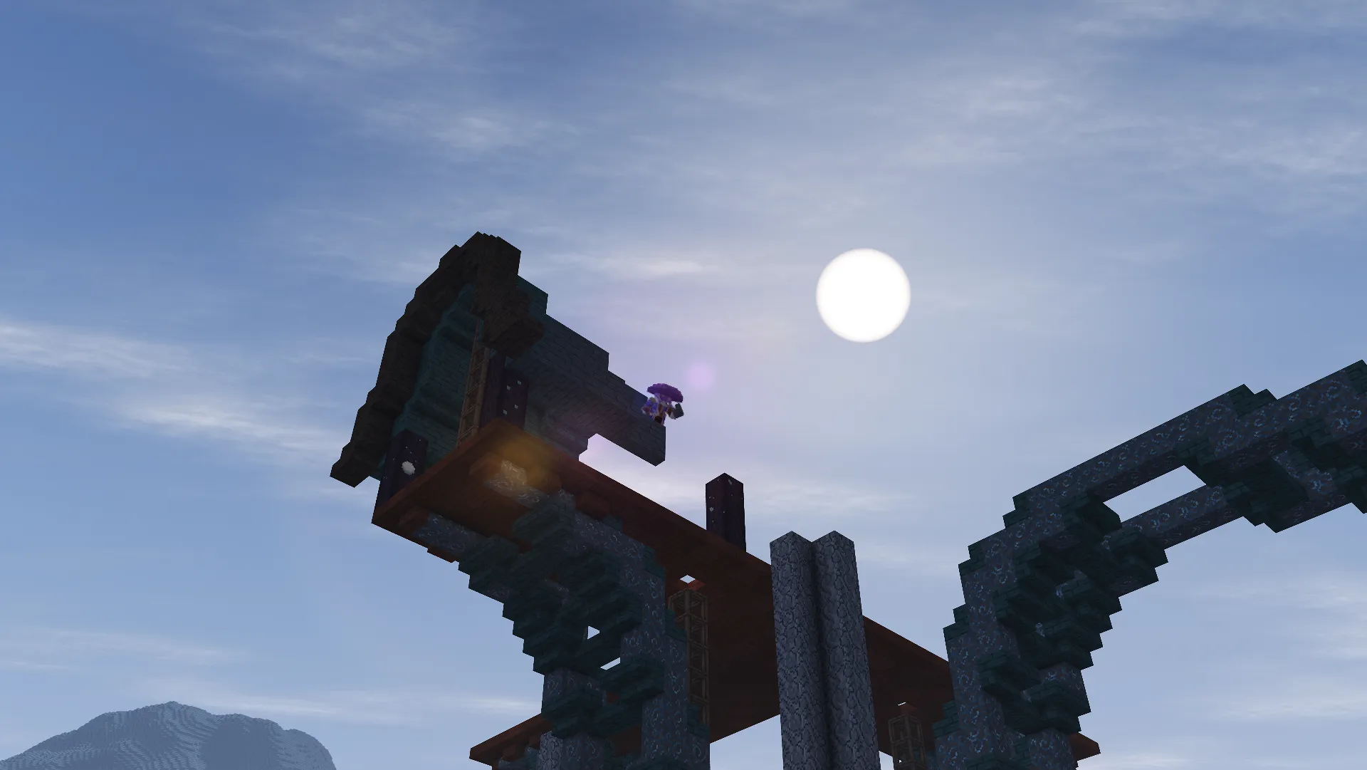 A flying machine perched on a tall stone arch, lit from behind by the sun.