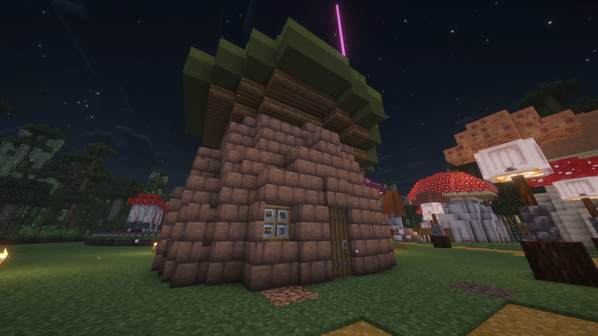 A block-built mushroom house with a broad green cap stands beside glowing mushroom lamps under a starry sky.