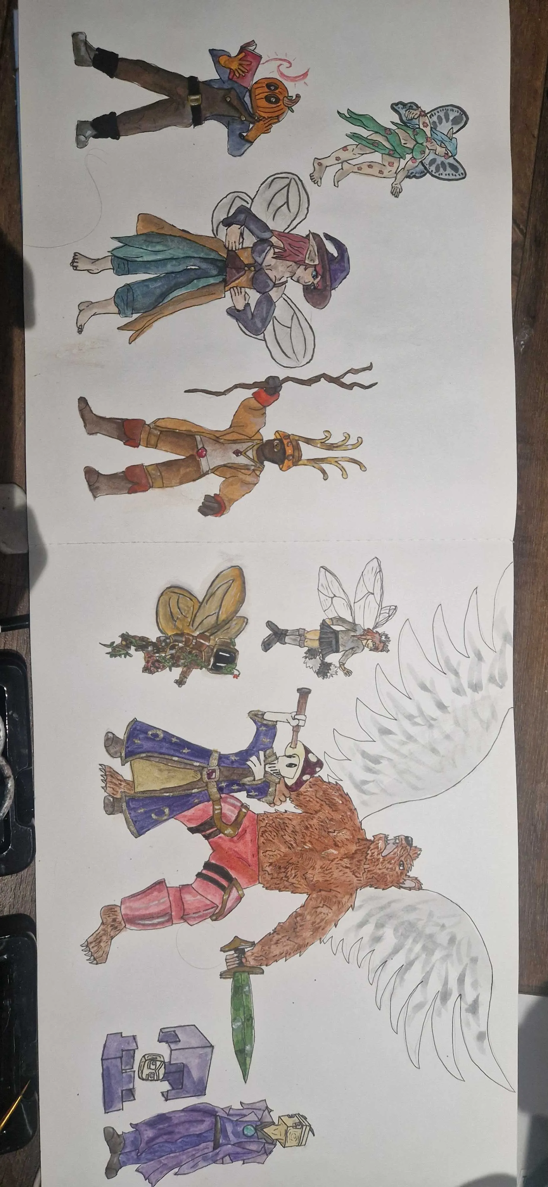 An open sketchbook filled with coloured fantasy characters, including winged figures, mushroom hats and a large bear holding a green sword.