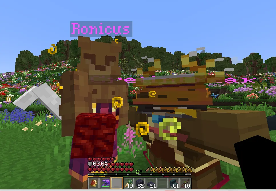 Two Minecraft characters stand together in a flower-filled field: a tall bear and a shorter figure wearing a broad hat.
