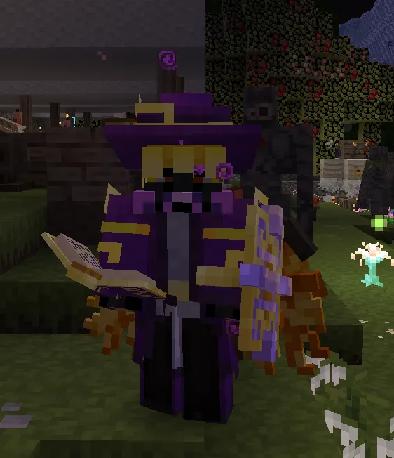 A Minecraft character in purple-and-gold clothing and a pointed hat wears a dark gas mask and holds an open book beside flowers and a fence.