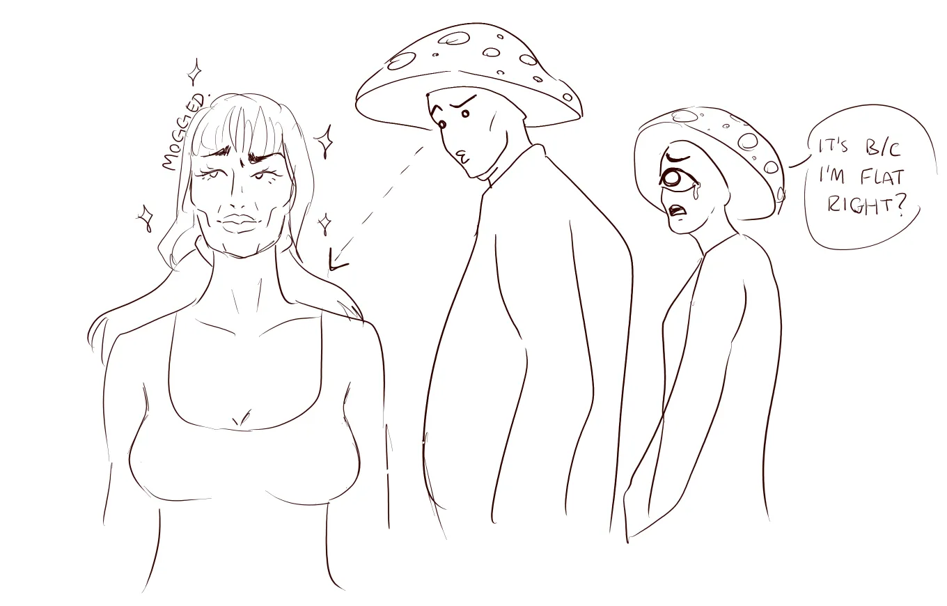 A line drawing of three stylized figures, two wearing mushroom caps, with sparkles and a speech bubble.