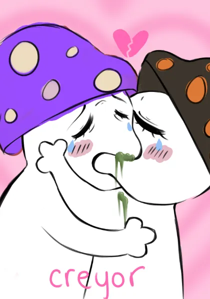 Two illustrated figures in purple and brown mushroom hats embraced beneath a broken pink heart.
