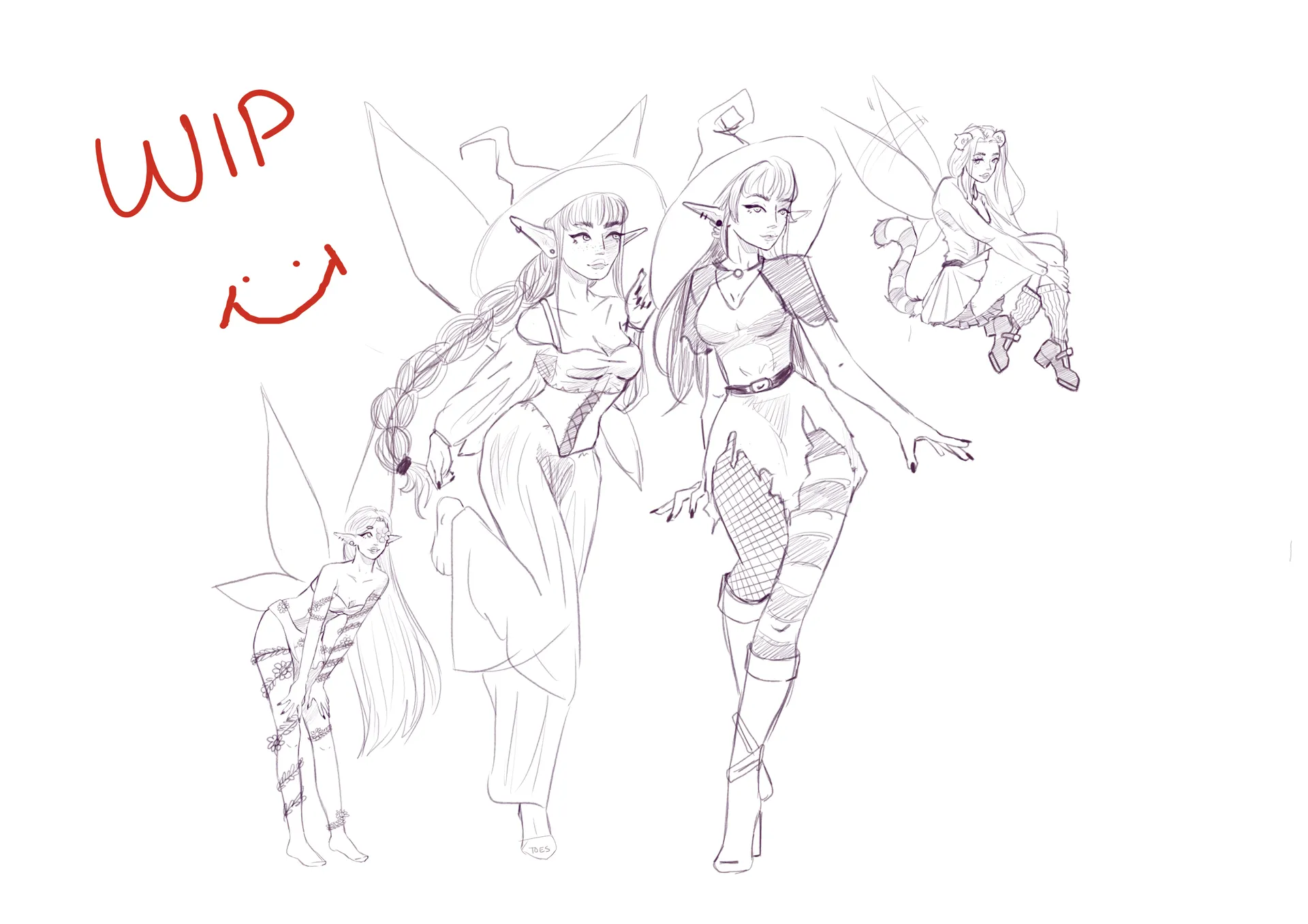 A work-in-progress line drawing of four fantasy characters with pointed ears, wings and witch hats, with a red WIP note.