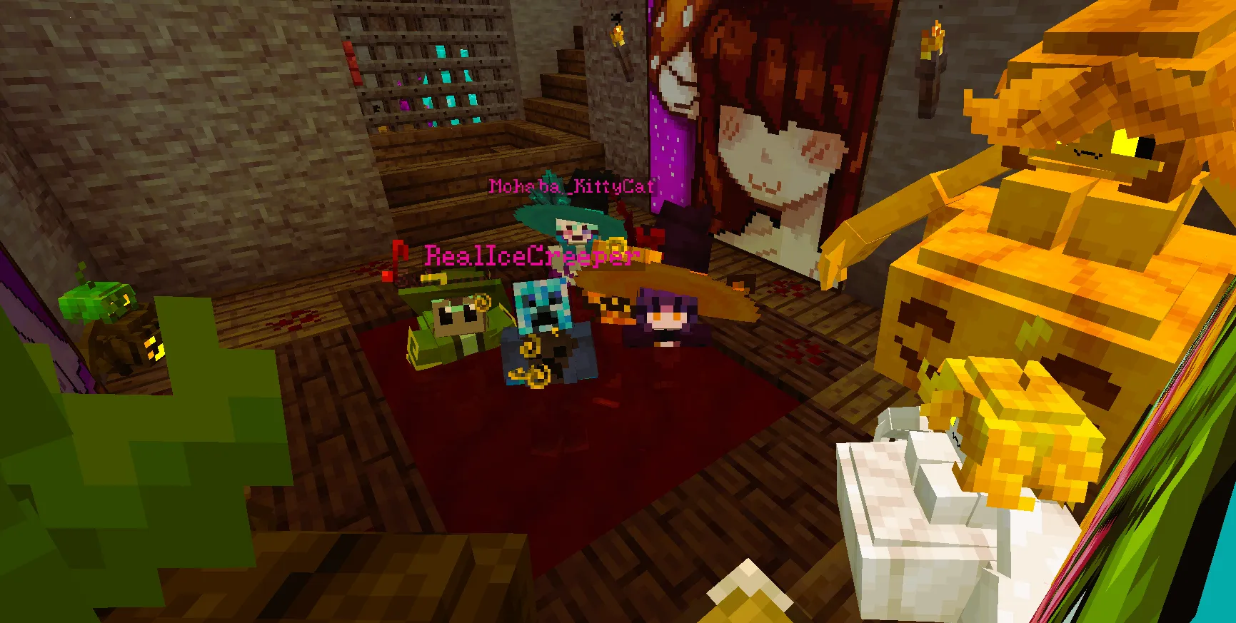 Several witch-hatted players gathered in a red-filled indoor hot tub, surrounded by wooden flooring, wall paintings and pumpkin decorations.