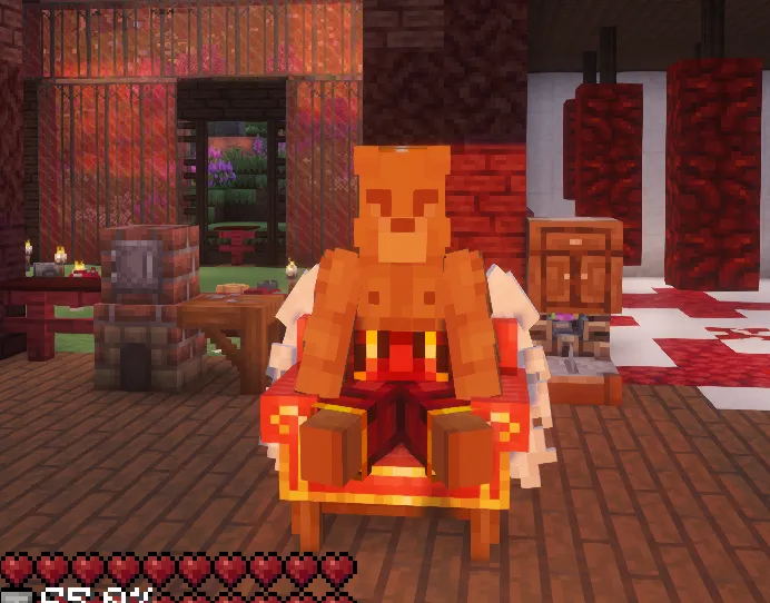 An orange-clad Minecraft character seated in a red-and-gold chair inside a candlelit red-and-wood room.